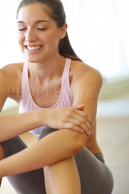 Buy stock photo Woman, thinking and exercise break in studio, rest and ponder workout results at gym. Female person, happy and athlete relax at health centre for wellness, contemplating training and progress goals