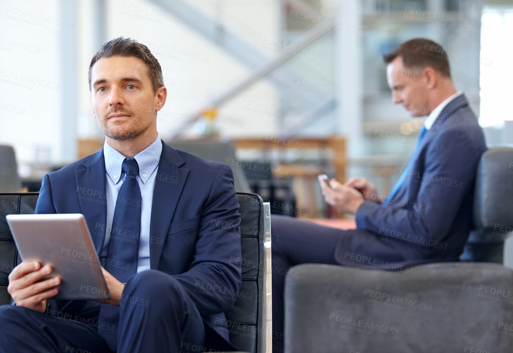 Buy stock photo Relax, tablet and networking with businessman in lounge  of corporate company for search, internet and contact. Communication, planning and idea with men in lobby for technology, goal and email