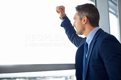 Buy stock photo Thinking, management and idea with businessman at window for future, goal and vision mockup. Doubt, mental health and mindset with manager and decision for challenge, opportunity and mission