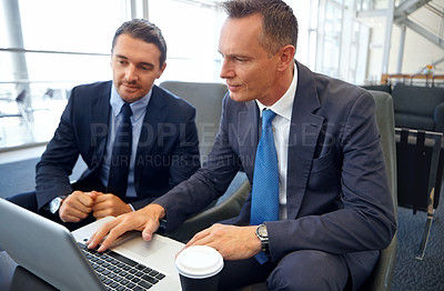 Buy stock photo Planning, laptop and business people or partner in lobby meeting for digital, website or online financial strategy. Corporate businessman with manager in finance management, stock market or budget