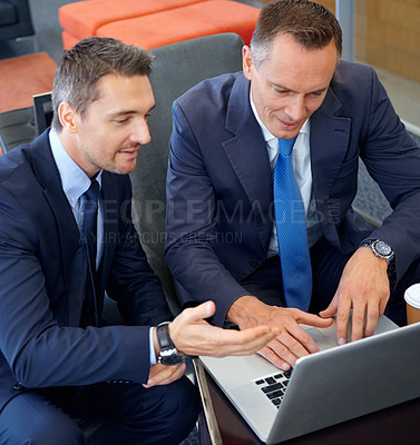 Buy stock photo Laptop, corporate lounge and business people consulting on portfolio review, stock market database or investment. Financial economy, partnership and trader teamwork on forex, bitcoin or nft trading