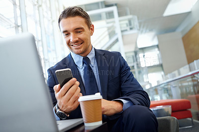 Buy stock photo Ceo, smile and businessman, with smartphone for company communication or social media with coffee while working. Contact, online and email with networking and laptop in professional corporate lounge