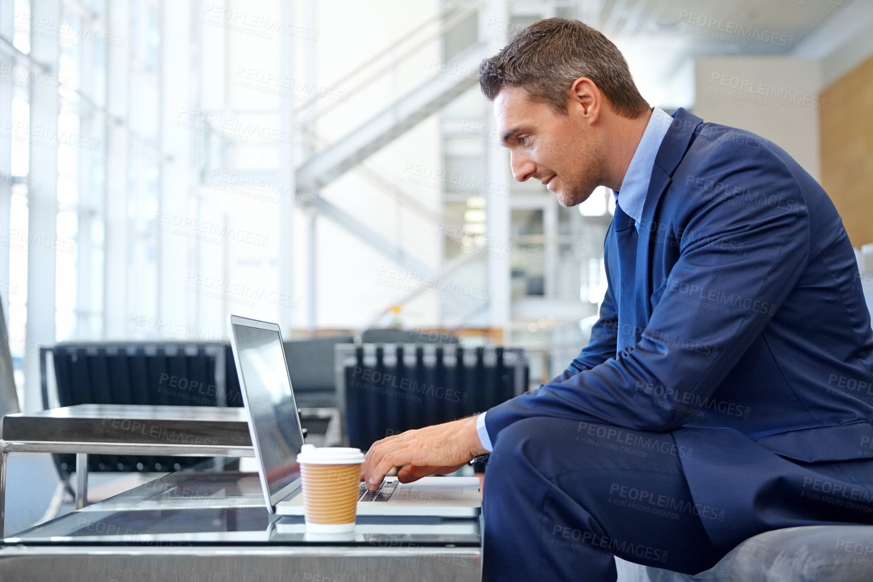 Buy stock photo Proposal, email and businessman with a laptop for communication, networking and internet. Business, working and employee reading news, information and corporate chat on a computer with tea in office