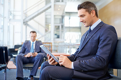 Buy stock photo Relax, tablet and networking with businessman in lounge  of corporate company for search, internet and contact. Communication, planning and idea with men in lobby for technology, goal and email