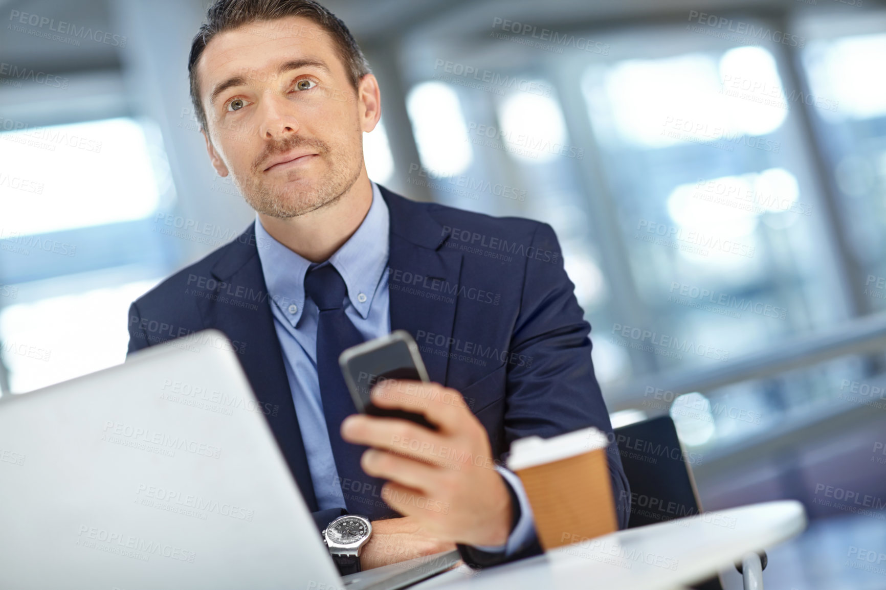 Buy stock photo Portrait, phone or business man thinking in hotel lounge, lobby or office for agenda, schedule or web search. Laptop, corporate or manager with smartphone for networking, social media or blog news