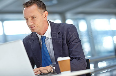 Buy stock photo Thinking, planning or accountant man with laptop for invest strategy, finance growth or financial review. Analytics or manager in office building for trading, data analysis or economy data research