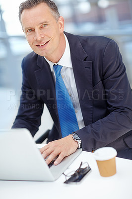 Buy stock photo Portrait, corporate or business man with laptop for investment strategy, finance growth or financial review. Mature CEO, manager or happy worker in office building for corporate technology research