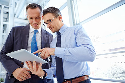 Buy stock photo Corporate, data analysis or business people with tablet planning company strategy, finance growth or financial review. Teamwork, happy or employee in office for collaboration or global data analytics