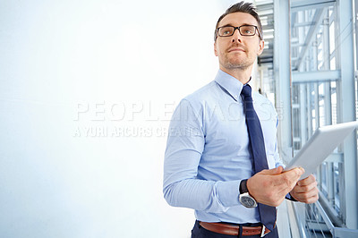 Buy stock photo Thinking, mockup or business man on tablet for invest strategy, finance growth or financial review. Analytics, focus manager or CEO in office for networking, data analysis or economy data research