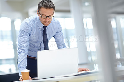 Buy stock photo Office laptop, reading and business man doing review of financial portfolio, stock market database or investment. Economy, research and crypto trader working on forex, bitcoin mining or nft trading