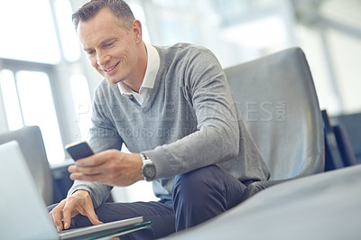 Buy stock photo Travel, phone or business man with laptop for invest strategy, finance growth or financial review. CEO, airport or corporate manager with smartphone for planning, data analysis or economy investment 