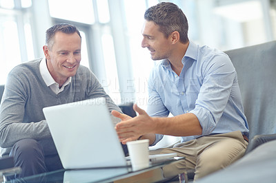 Buy stock photo Laptop, communication and businessman with client strategy, collaboration and financial advice for company startup. Corporate worker consulting, reading review and ideas for website or finance quote