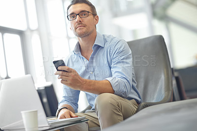 Buy stock photo Idea, accountant or business man with phone in airport for invest strategy, finance growth or financial review. CEO or travel manager on smartphone planning, thinking or investment research