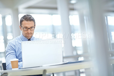 Buy stock photo Laptop, corporate or business man thinking of invest strategy, finance growth or financial networking. CEO, tech or manager in office building planning, data analysis or economy data analytics review