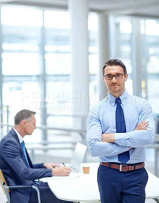 Buy stock photo Portrait, vision and mindset with a business man in his office standing arms crossed in a confident pose. Growth, mission and management with a male employee at work for future success in corporate