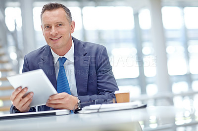 Buy stock photo Happy, corporate or business man with tablet for invest strategy, finance growth or financial success. CEO, tech or manager in office building planning, data analysis or economy technology review