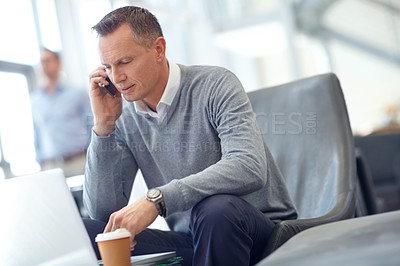 Buy stock photo Phone call, communication or business man in airport lobby for loan, wealth or investment negotiation. Travel, laptop or manager with smartphone for networking, b2b network or planning meeting