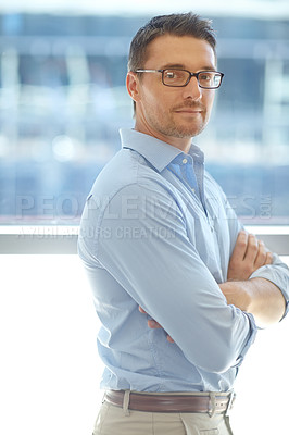 Buy stock photo Leadership, portrait and businessman office building proud, mindset and ambitious, attitude or tough. Face, ceo and leadership by assertive male standing, empowered and confident about vision or idea