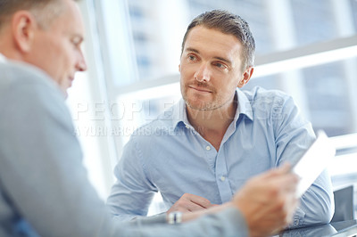 Buy stock photo Teamwork, thinking or corporate businessman with tablet in meeting planning invest networking idea or economy news. Focus, employee or manager with tech for data analytics, website search or email