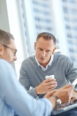 Buy stock photo Teamwork, planning and business people with tablet for company growth, talking and financial review. Research, coffee or corporate employee men in office for collaboration on digital technology