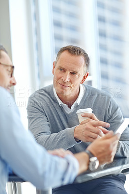 Buy stock photo Teamwork, consulting or business people with tablet for company growth, finance or financial review. Research, coffee or employee on office technology for investment proposal, questions or planning