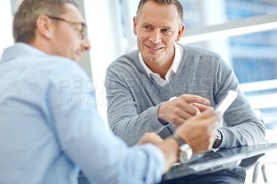 Buy stock photo Business meeting, planning or business people with tablet for company audit finance growth or financial review. Research, pointing or accountant in office for teamwork, data analysis or creative idea