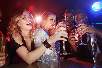 Buy stock photo Party, wine and group of people in club for social, disco and night lifestyle at new year celebration together for happy hour drinks. Alcohol, red wine glasses and cheers women and friends celebrate