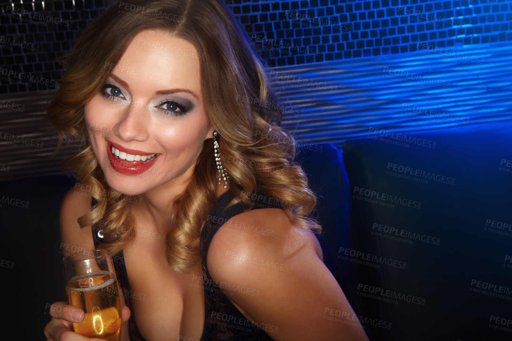 Buy stock photo Champagne, party and portrait of a woman in a nightclub for a new year disco celebration. Happy, smile and girl drinking a glass of wine at a festive social event to celebrate a holiday or birthday.