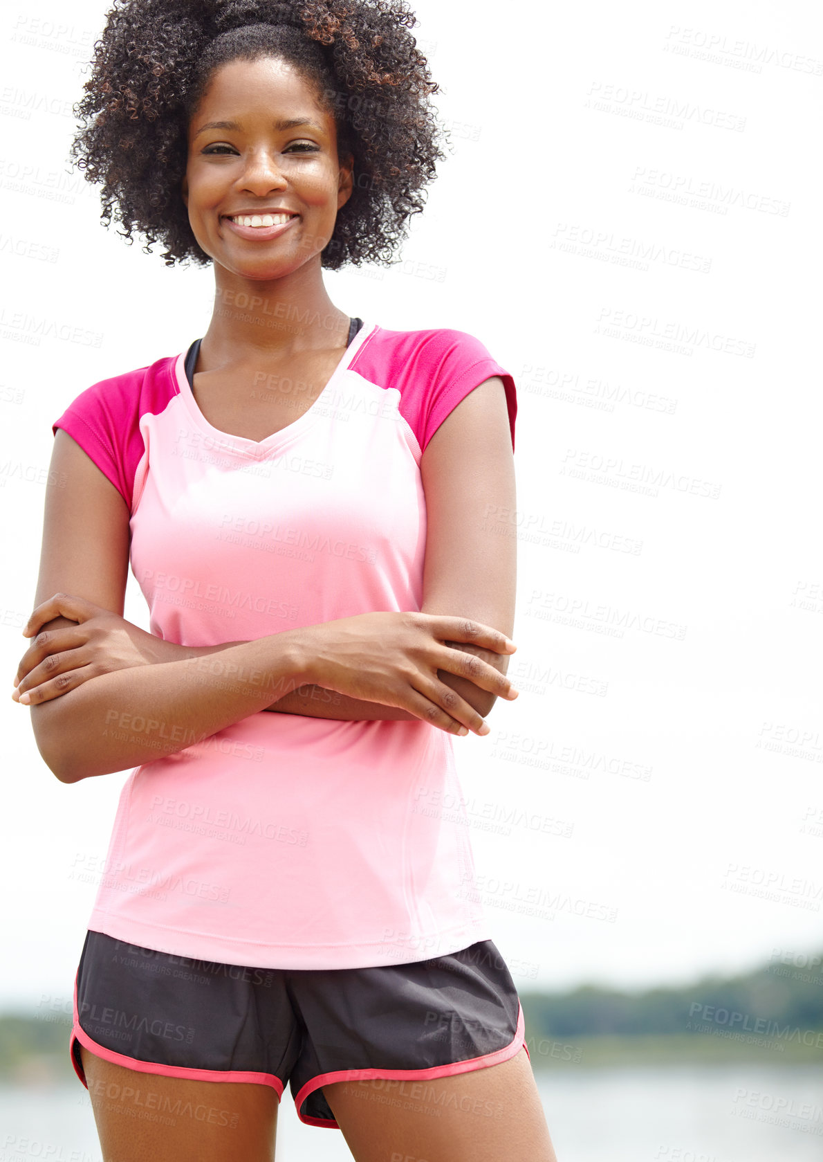 Buy stock photo Portrait, outdoor and black woman with arms crossed, fitness and smile with training. African person, healthy girl and athlete with pride, workout and practice with sportswear, exercise and wellness