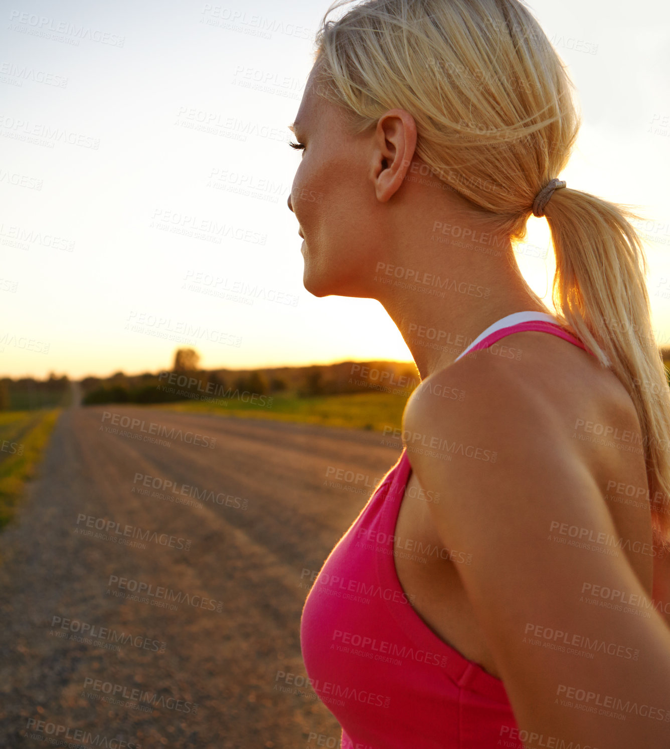 Buy stock photo Break, runner and woman in nature, road and thinking of exercise for marathon, outdoor and fitness. Space, healthy and rest for person in morning, athlete and practice for competition with workout