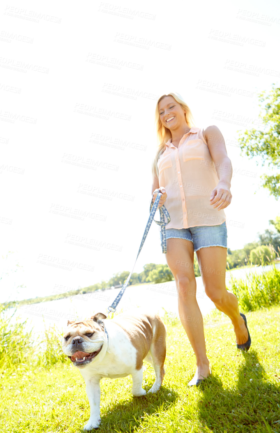 Buy stock photo A beautiful blonde taking her dog for a walk in a park