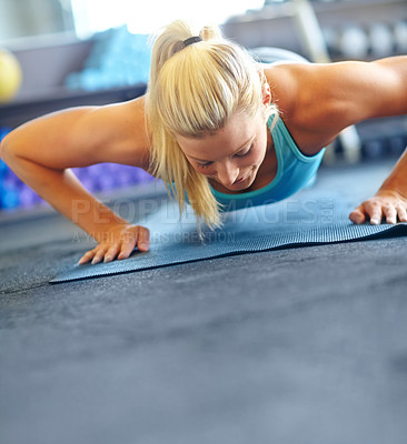 Buy stock photo Female athlete, push ups and workout for sports, exercise and fitness for wellness with yoga mat or balance. Woman, plank and performance in gym for training, strong muscle and toned body at pilates