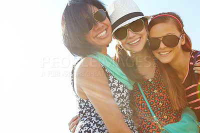 Buy stock photo Happy, fashion and portrait of friends in summer with lens flare on holiday, vacation and weekend. Outdoors, teenagers and girls with smile, sunglasses and style for bonding, relax and fun together