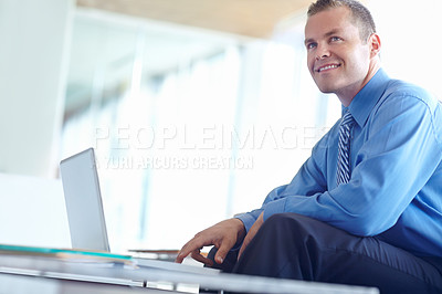 Buy stock photo Laptop, thinking or business man with vision, insight or email marketing manager with campaign idea. Computer, smile or worker with solution, inspiration or plan promotion to increase sales in office