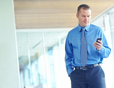 Buy stock photo Business man, portrait and smartphone for website, communication and company networking in office. Commercial lawyer, scroll and mobile for corporate contact, negotiation or service contract with app