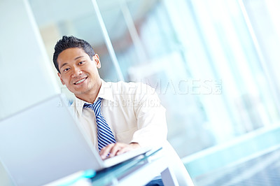 Buy stock photo Portrait, business and man on laptop in office for stock market, trading research and financial website. Happy, trader and online report for investment deal, banking feedback and exchange information