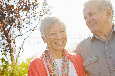 Buy stock photo Happy, love and relax with old couple in park for retirement, romance and bonding. Support, marriage milestone and spring with senior man and woman walking in nature for wellness, care and date