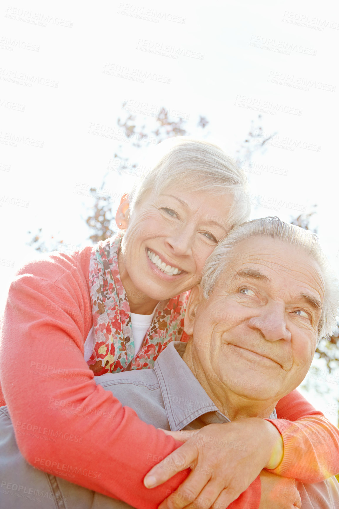 Buy stock photo Hug, care and support with old couple in park for retirement, romance and date. Love, marriage milestone and spring with senior man and woman walking in nature for wellness, garden and smile