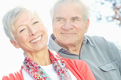 Buy stock photo Close up image of a senior husband and wife sitting together 