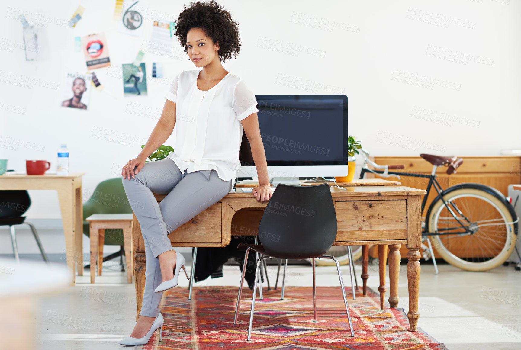 Buy stock photo Startup, office and portrait of business black woman at desk with computer for internet, research and website. Professional writer, creative agency and person for journalism, editing and publishing