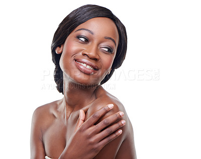 Buy stock photo Woman, skincare and thinking in studio with smile for results, cosmetics and change by white background. Girl, model and African person with vision for beauty, wellness and transformation with glow