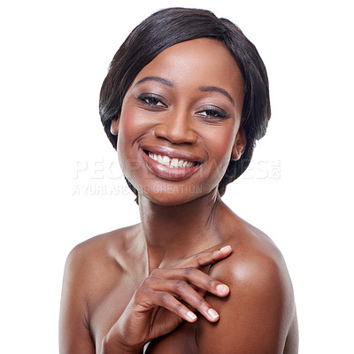 Buy stock photo Skincare, wellness and portrait of black woman in studio for dermatology, cosmetology or facial treatment with white background. Beauty, smile and model for healthy skin, makeup or natural glow