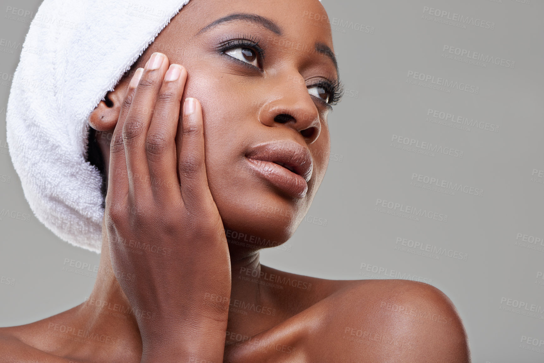 Buy stock photo Black woman, skincare and cosmetics with dermatology, makeup and wellness isolated on white studio background. Glow, African person and model with healthy skin and shine with treatment and aesthetic