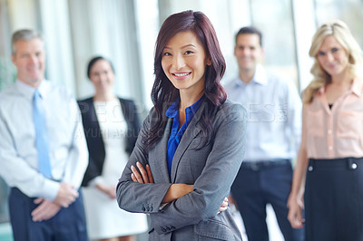 Buy stock photo Woman, portrait and arms crossed in workplace, leader and confidence in teamwork solidarity. Female person, collaboration and group for professional unity, support and manager in accounting firm