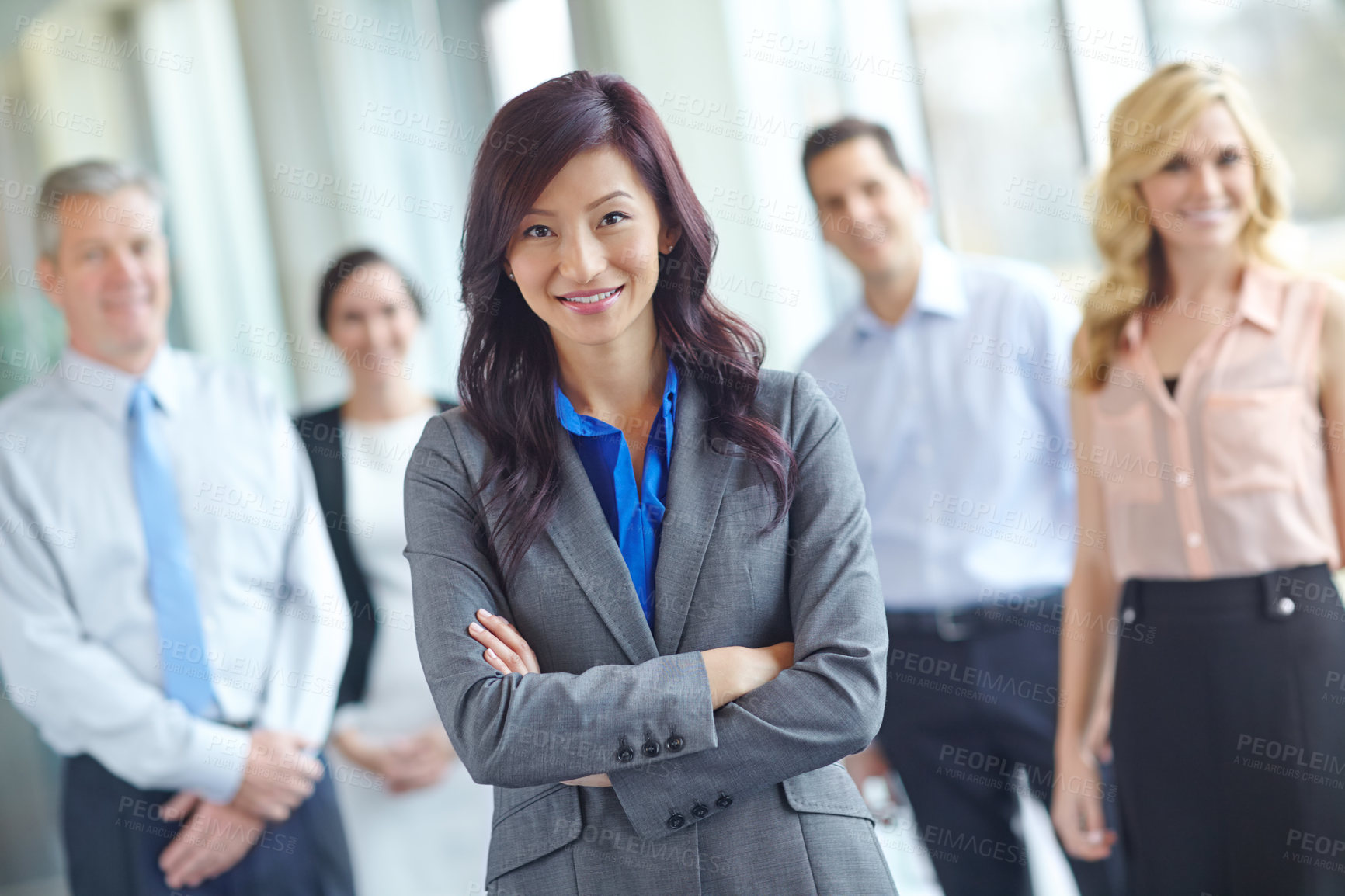 Buy stock photo Woman, portrait and arms crossed in office, leadership and confidence in teamwork solidarity. Female person, collaboration and group for professional unity, support and manager in accounting firm