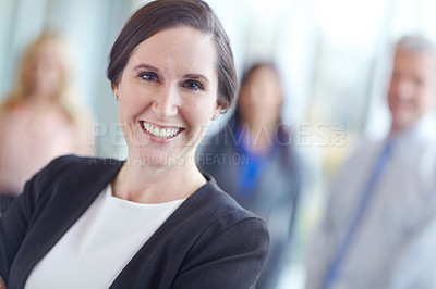 Buy stock photo Business woman, portrait and leader in office, employee and confidence in team building. Female person, collaboration and proud for professional unity, support and happy manager in accounting firm