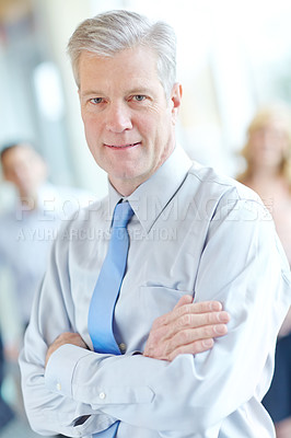 Buy stock photo Mature businessman, portrait and arms crossed in office, leader and confidence in team solidarity. Male person, collaboration and group for professional unity, support and manager in accounting firm