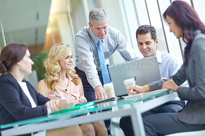 Buy stock photo Business people, group and laptop for meeting collaboration, project management and planning in office. Staff, computer and hr team for hiring discussion, candidate screening and recruitment strategy