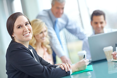 Buy stock photo Business, woman and smile at boardroom on portrait with confidence for company growth as accountant. Female person, happy and proud as entrepreneur in meeting for strategy, planning and project