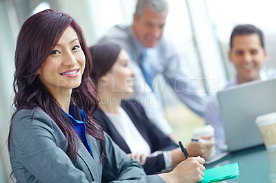 Buy stock photo Business, woman and smile at boardroom on portrait with confidence for company growth as accountant. Female person, happy and proud as entrepreneur in meeting for strategy, planning and project